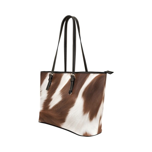 Brown/White Moo Print Leather Tote Bag/Large (Model 1651)