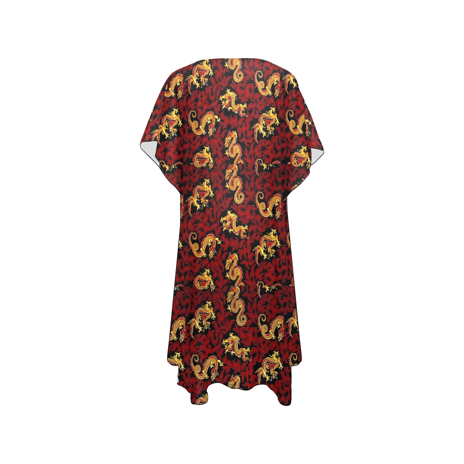 Swirly Red Dragons Pattern Mid-Length Side Slits Chiffon Cover Ups (Model H50)