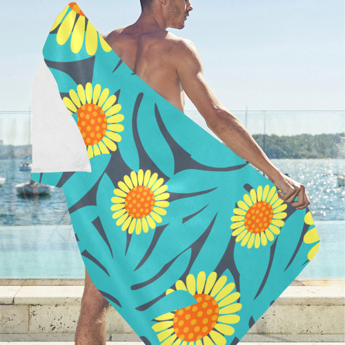 Yellow and Teal Paradise Jungle Flowers and Leaves Beach Towel 30"x 60"