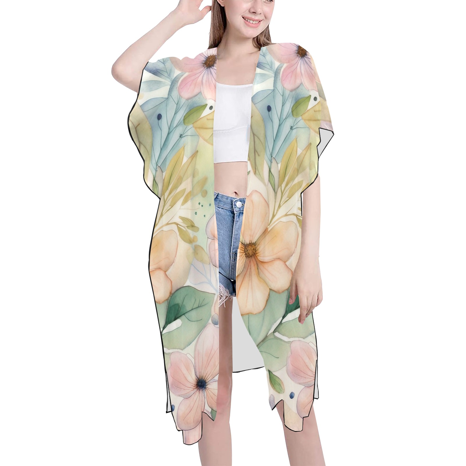 Watercolor Floral 1 Mid-Length Side Slits Chiffon Cover Ups (Model H50)