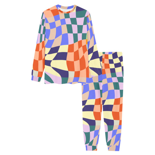 Wavy Groovy Geometric Checkered Retro Abstract Mosaic Pixels Men's All Over Print Pajama Set with Custom Cuff
