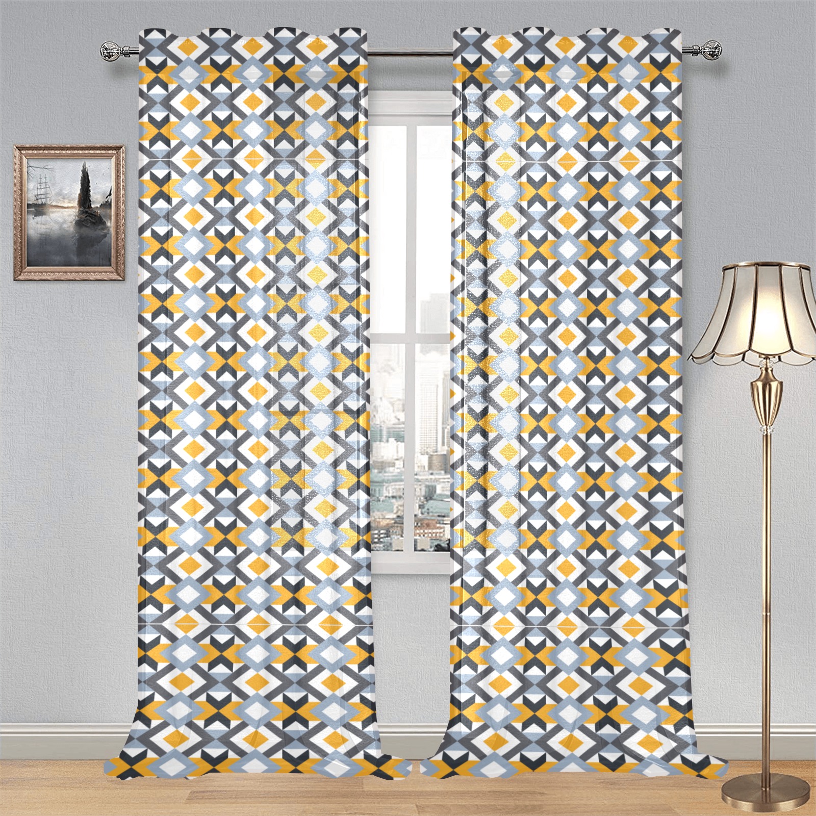 Retro Angles Abstract Geometric Pattern Gauze Curtain 28"x95" (Two-Piece)