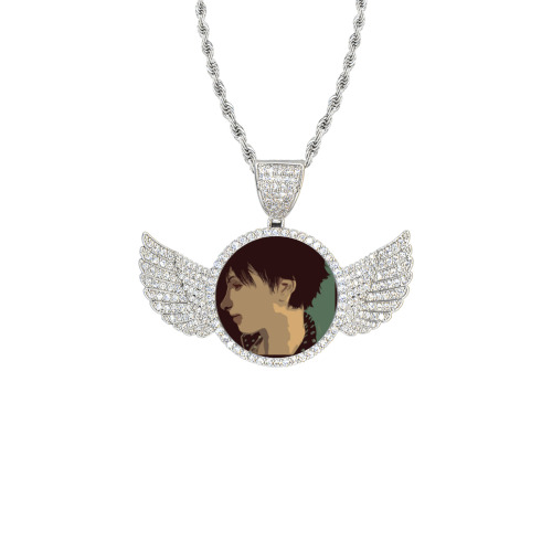 punk face Wings Silver Photo Pendant with Rope Chain