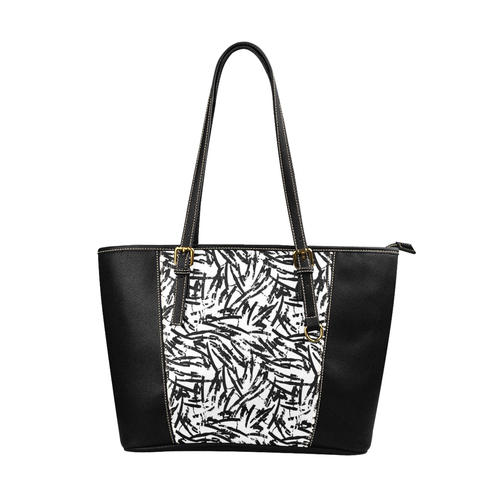 Brush Stroke Black and White Leather Tote Bag/Large (Model 1640)