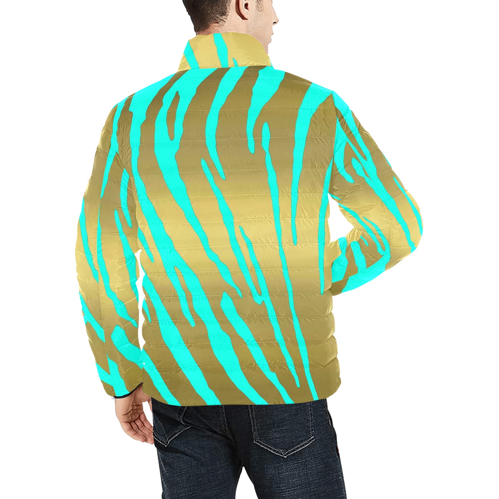 Gold Tiger Stripes Aqua Men's Stand Collar Padded Jacket (Model H41)