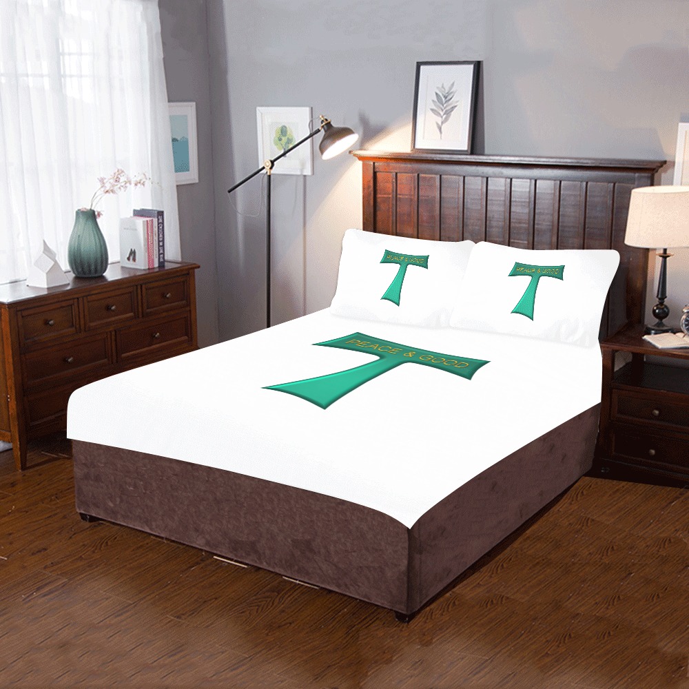 Franciscan Tau Cross Peace and Good Green Steel Metallic 3-Piece Bedding Set