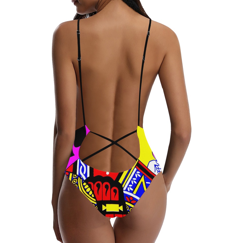 JACK OF SPADES (POPART COLOURS) Sexy Lacing Backless One-Piece Swimsuit (Model S10)