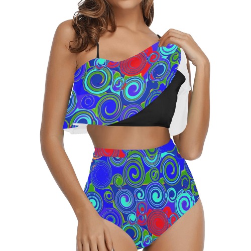 swirls blu High Waisted Ruffle Bikini Set (Model S13)