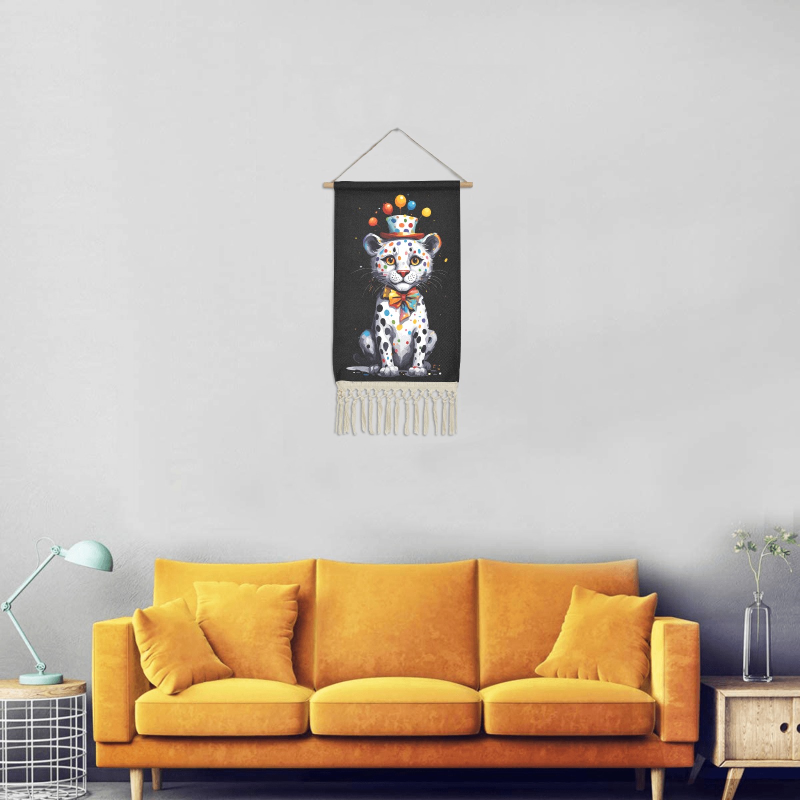 White leopard clown in a tall hat funny art. Linen Hanging Poster