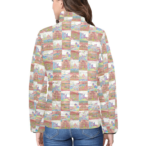 Big Pink and White World travel Collage Pattern Women's Stand Collar Padded Jacket (Model H41)