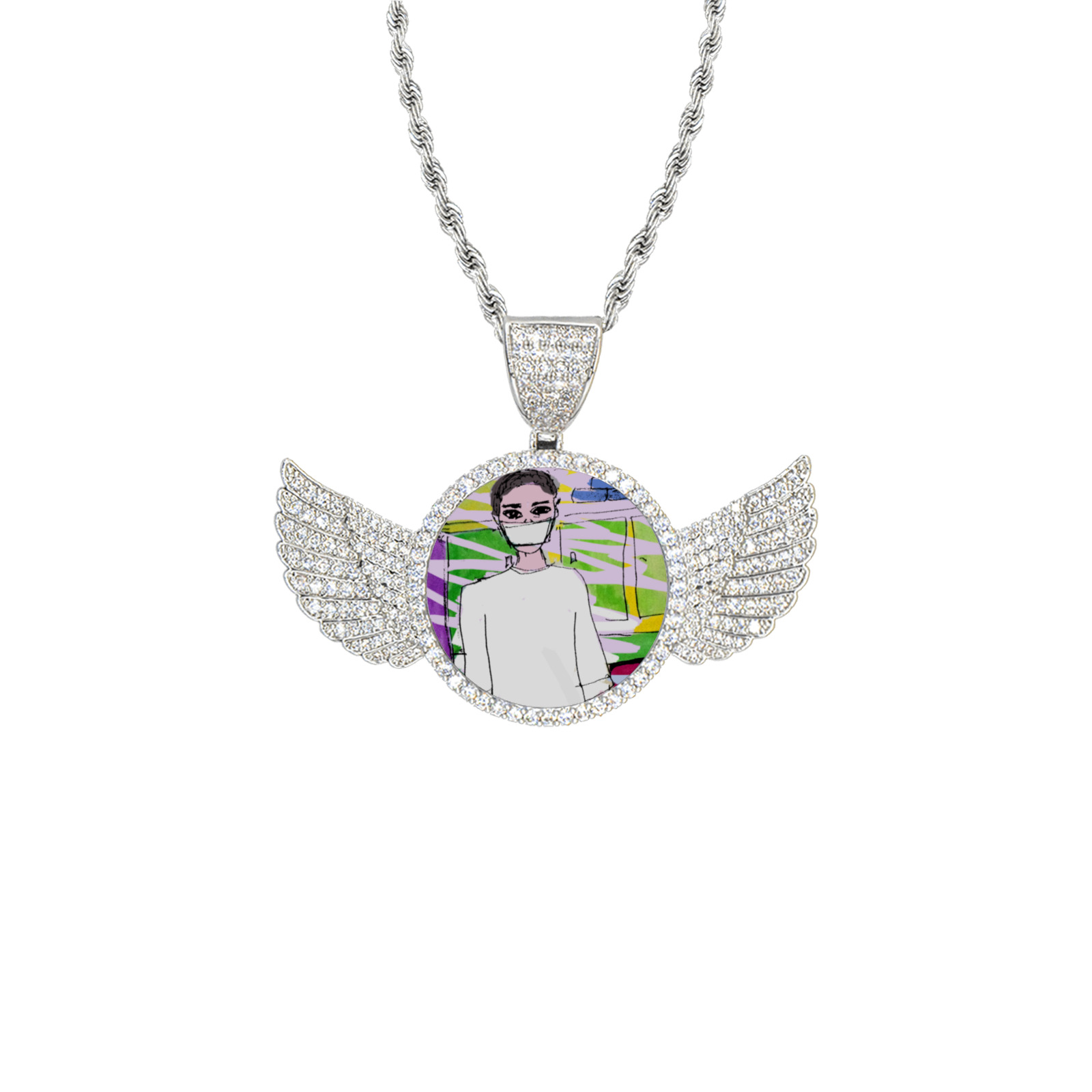 nurse Wings Silver Photo Pendant with Rope Chain