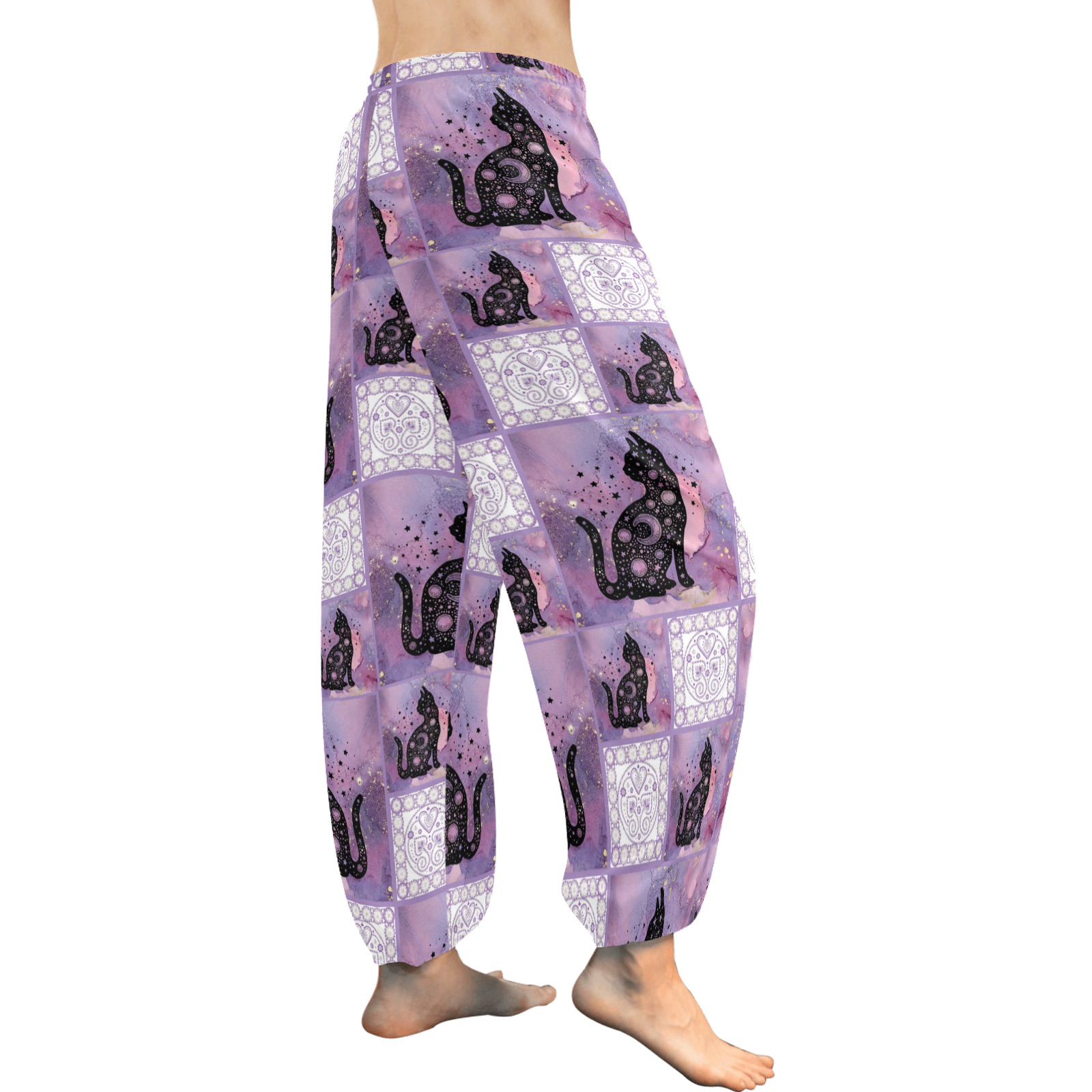 Purple Cosmic Cats Patchwork Pattern Women's All Over Print Harem Pants (Model L18)