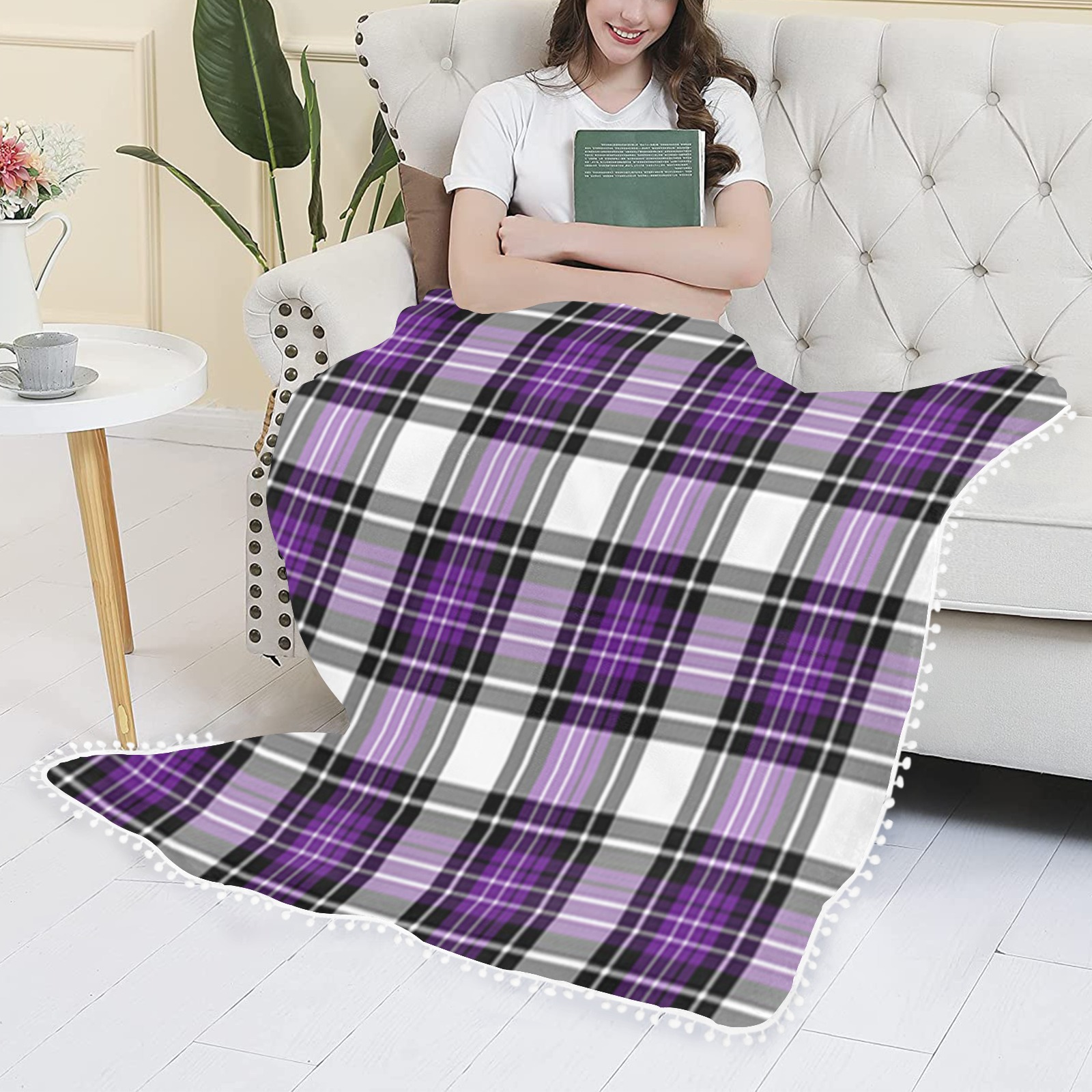 Purple Black Plaid Pom Pom Fringe Blanket 60"x80"
