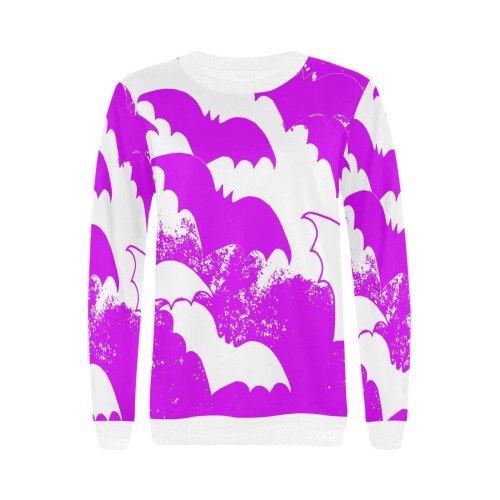 White Bats In Flight Pink Women's Rib Cuff Crew Neck Sweatshirt (Model H34)