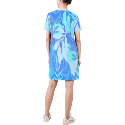 Beautiful Teal and Aqua Tropical Floral Short-Sleeve Round Neck A-Line Dress (Model D47)