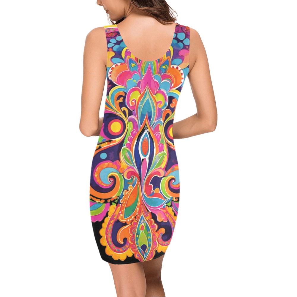 Abstract Retro Hippie Paisley Floral Medea Vest Dress (Model D06)