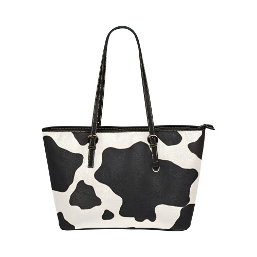 Black/White Moo Print Leather Tote Bag/Large (Model 1651)