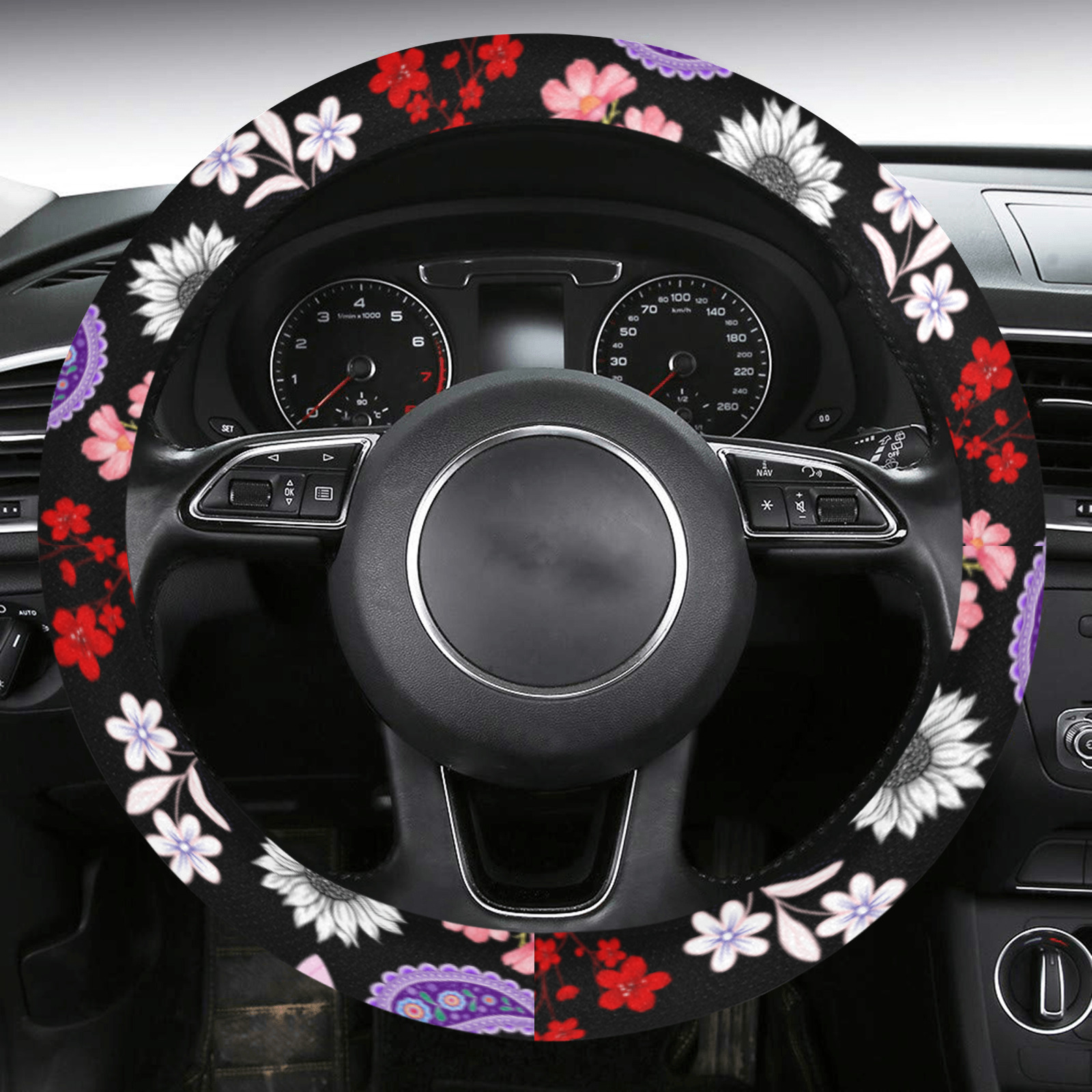 Black, Red, Pink, Purple, Dragonflies, Butterfly and Flowers Design Steering Wheel Cover with Anti-Slip Insert
