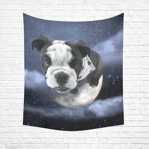 Dog Pug on Moon Cotton Linen Wall Tapestry 51"x 60"
