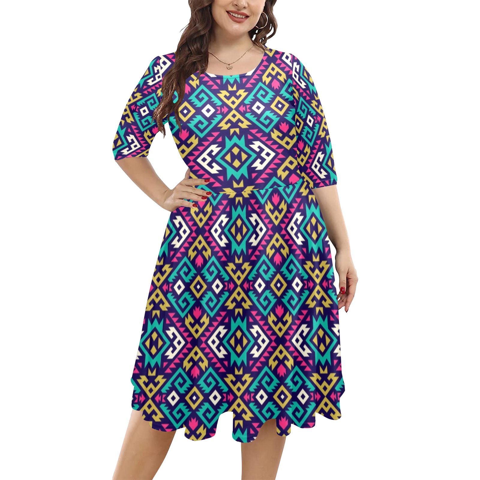 Abstract Pattern Colorful Half Sleeve Skater Dress (Model D61)