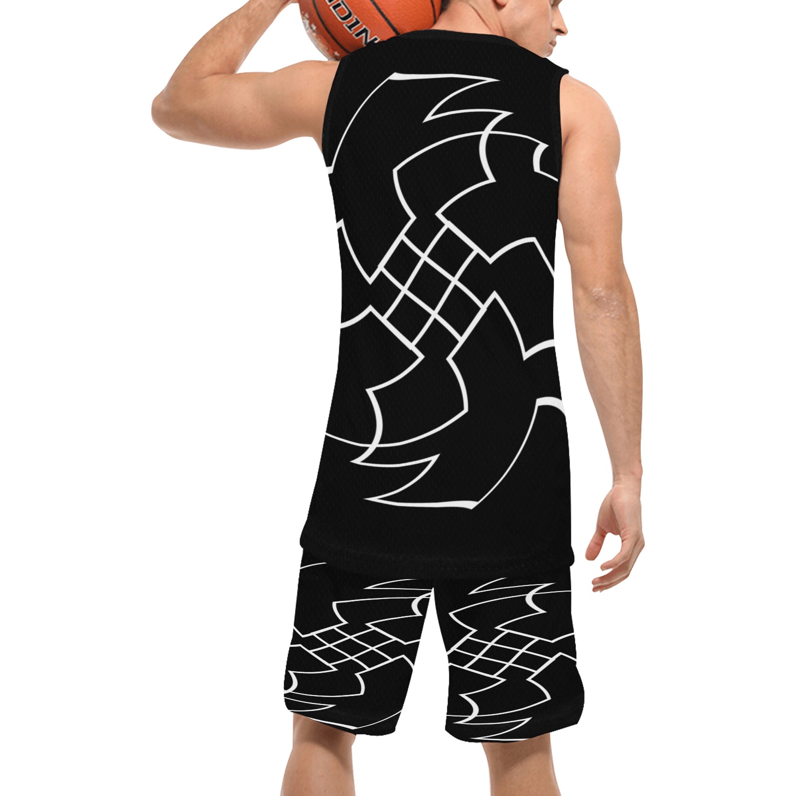 White InterlockingCrosses Twirled black Basketball Uniform with Pocket