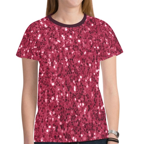 Magenta dark pink red faux sparkles glitter New All Over Print T-shirt for Women (Model T45)