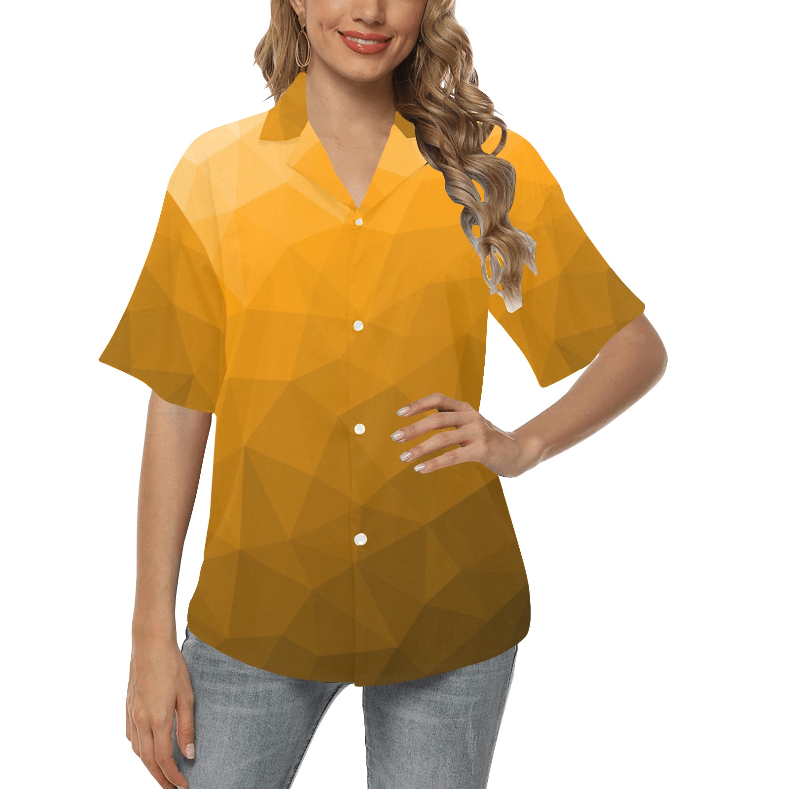 Orange gradient geometric mesh pattern All Over Print Hawaiian Shirt for Women (Model T58)