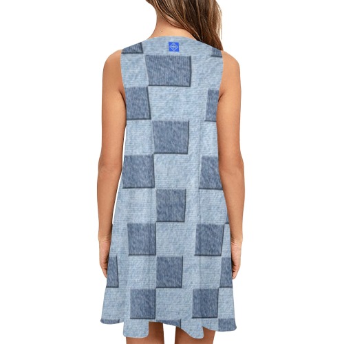 DIONIO Clothing - Ladies' Denim-Look Checker Sleeveless A Line Dress Sleeveless A-Line Pocket Dress (Model D57)