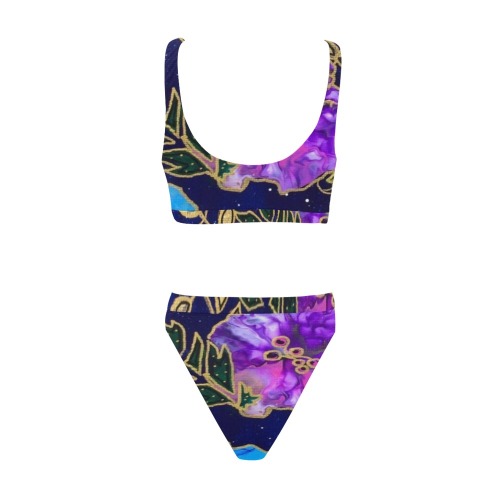 Dark Blue Floral Sport Top & High-Waisted Bikini Swimsuit (Model S07)
