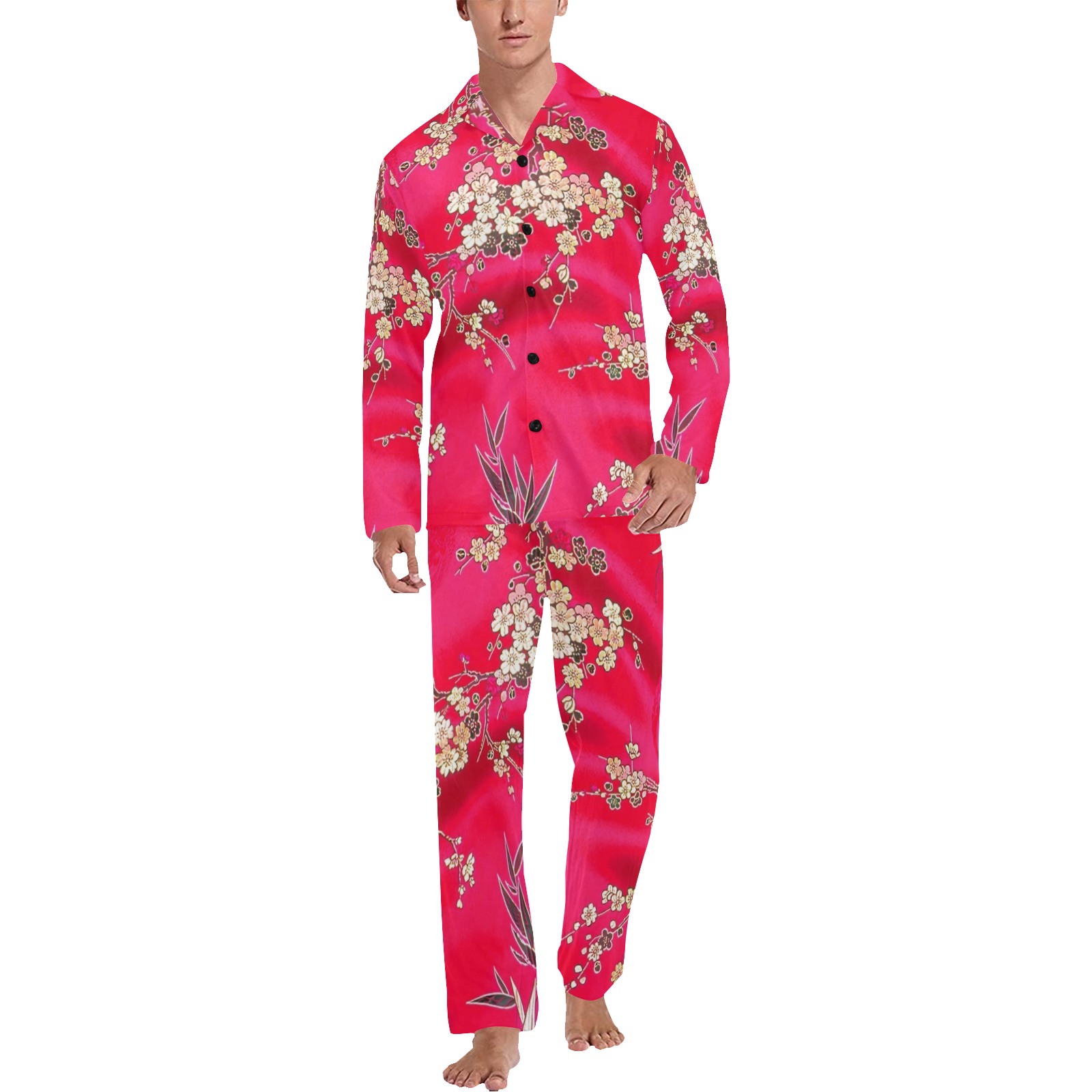 Red Silk Pajamas Men's V-Neck Long Pajama Set