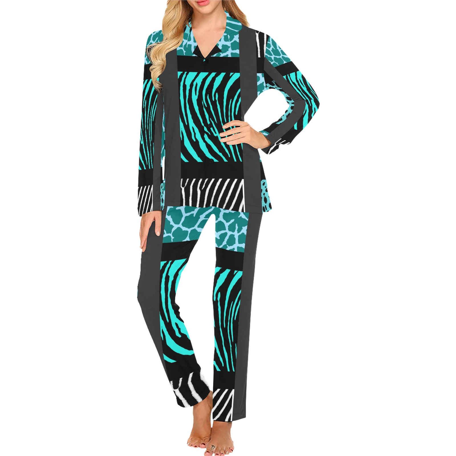 Teal Mixed Animal Print Women's Long Pajama Set