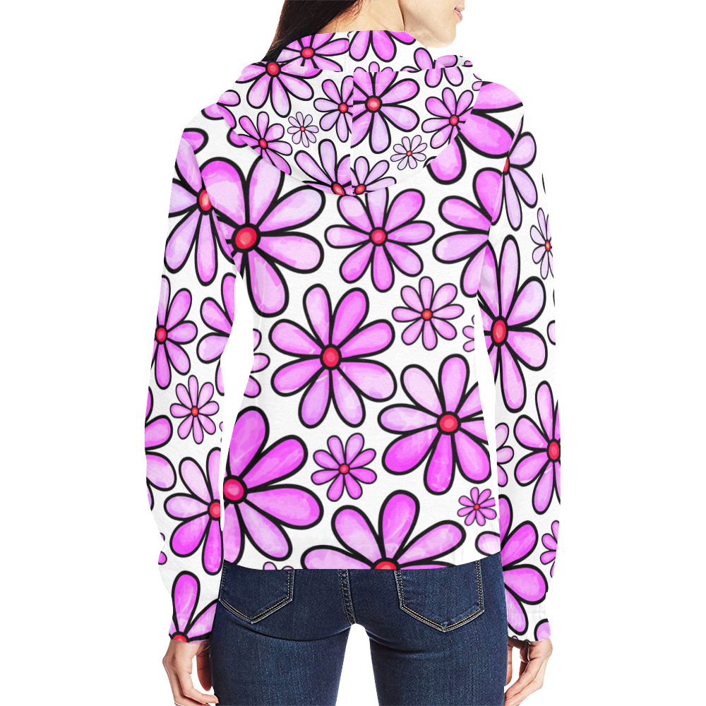 Pink Watercolor Doodle Daisy Flower Pattern All Over Print Full Zip Hoodie for Women (Model H14)