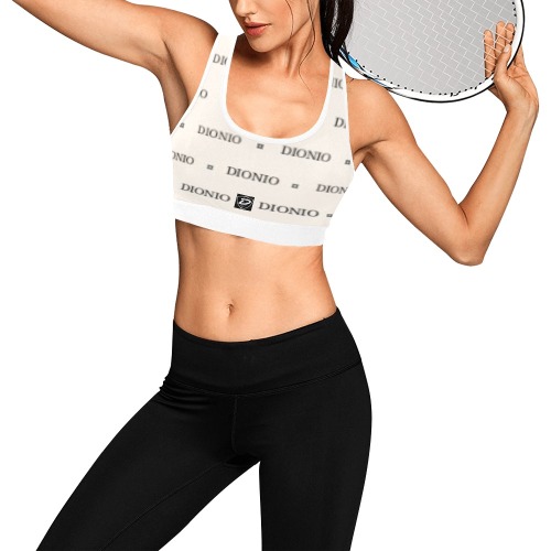 DIONIO Clothing - Women's Sports Bra (White Repeat Logo) Women's All Over Print Sports Bra (Model T52)