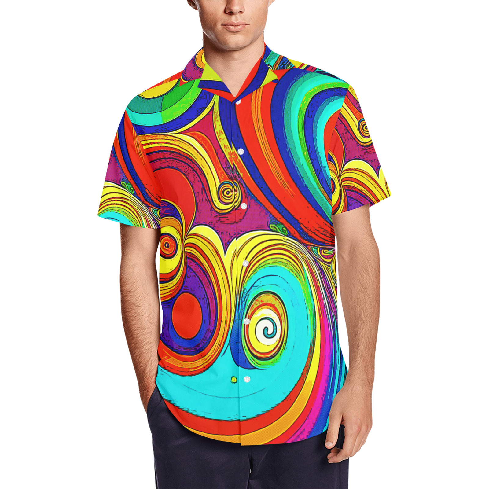 Colorful Groovy Rainbow Swirls Men's Short Sleeve Shirt with Lapel Collar (Model T54)