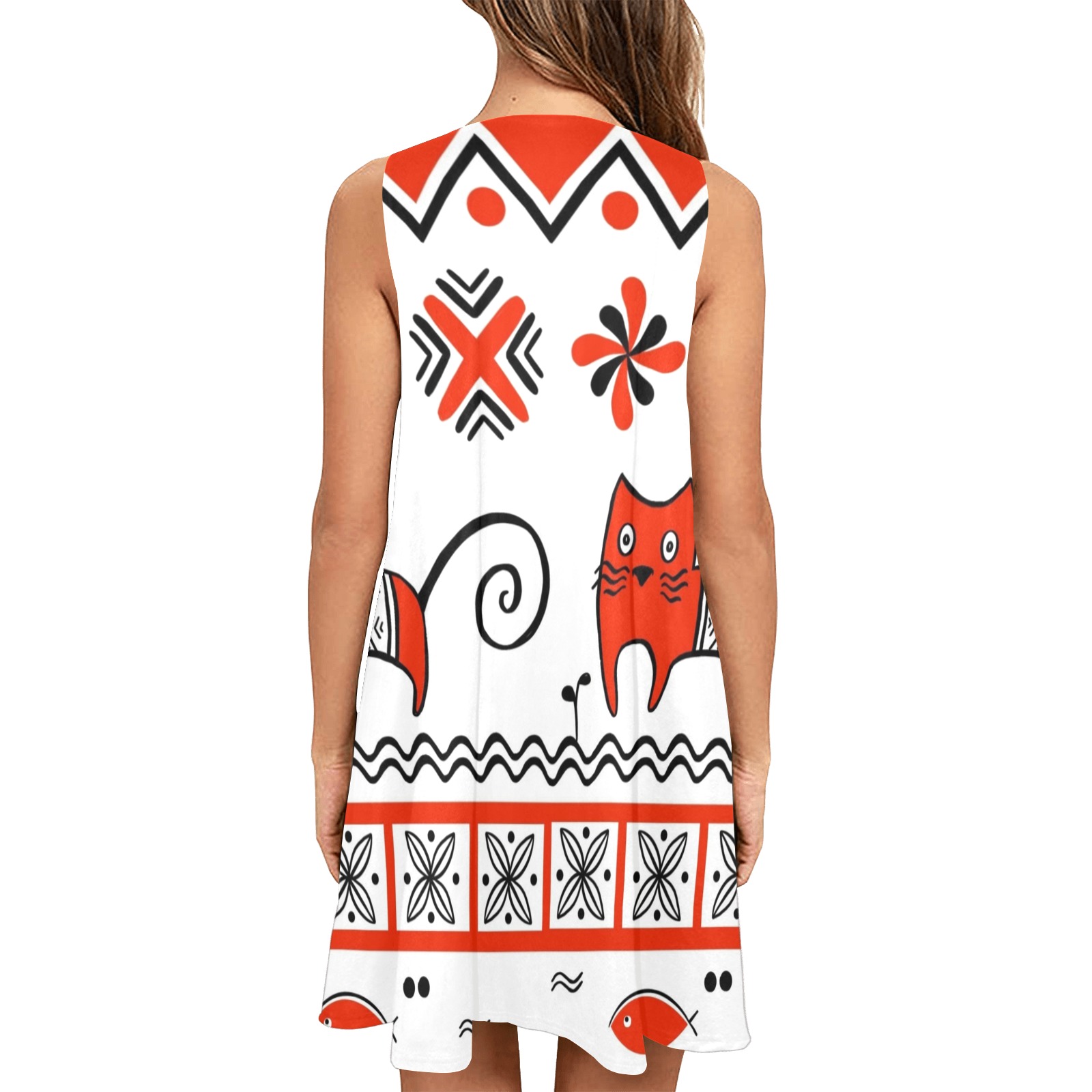 Tribal Art Doodle Cat Sleeveless A-Line Pocket Dress (Model D57)