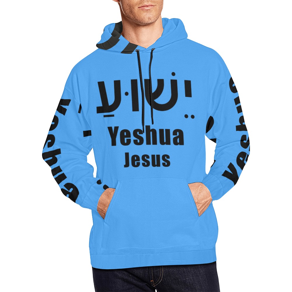 Yeshua Hoodie Light Blue (Black text) All Over Print Hoodie for Men (USA Size) (Model H13)