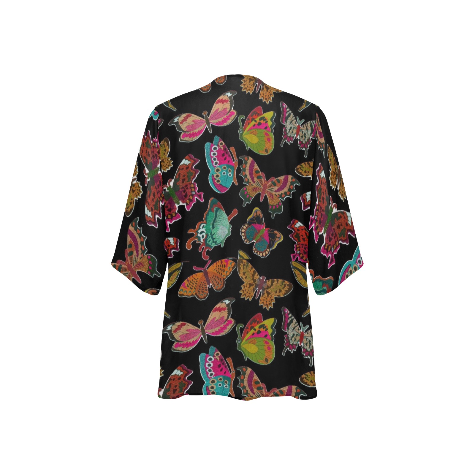 Pink Spectrum Butterflies on a Black Field Women's Kimono Chiffon Cover Ups (Model H51)