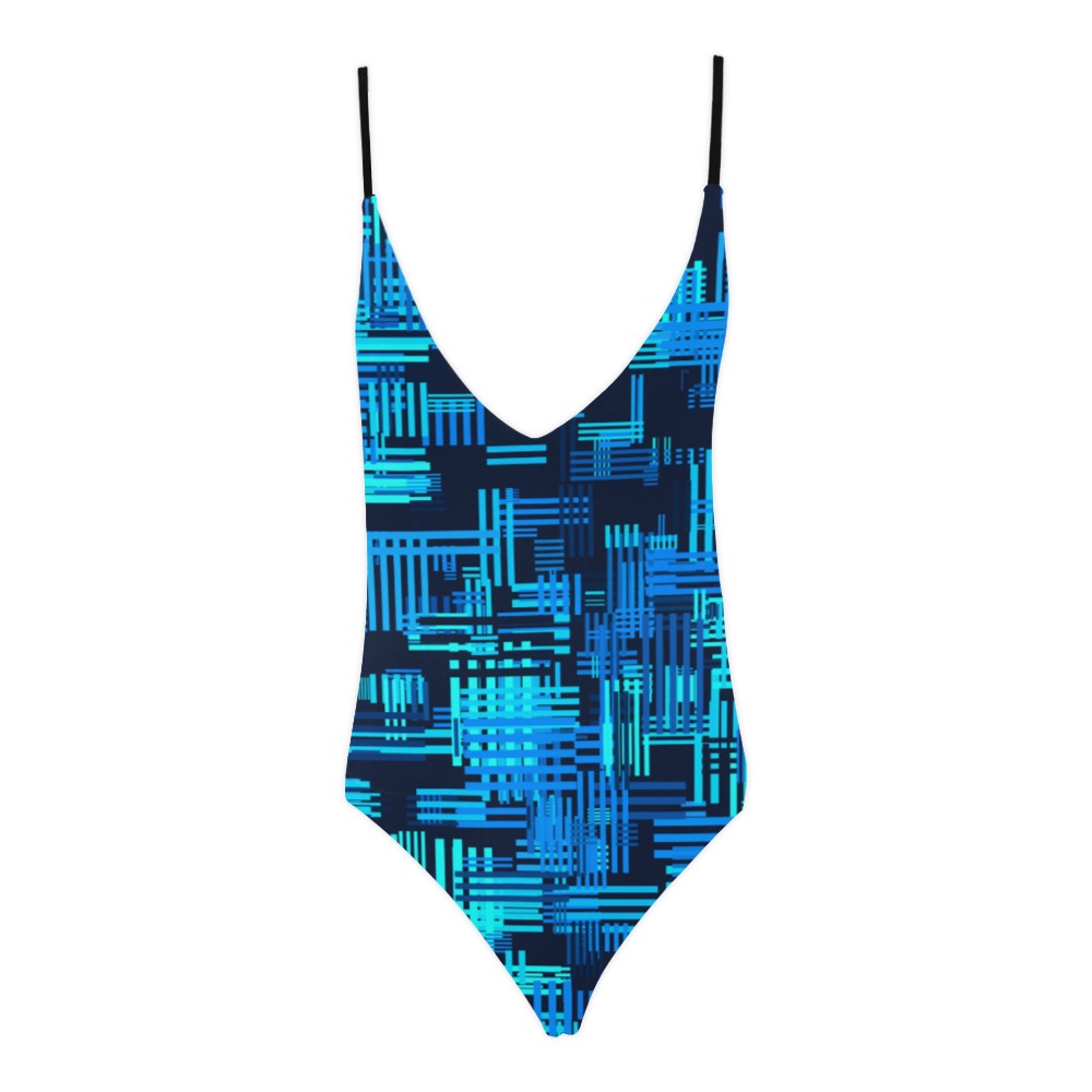 Crosshatch Pattern (Blue) Sexy Lacing Backless One-Piece Swimsuit (Model S10)