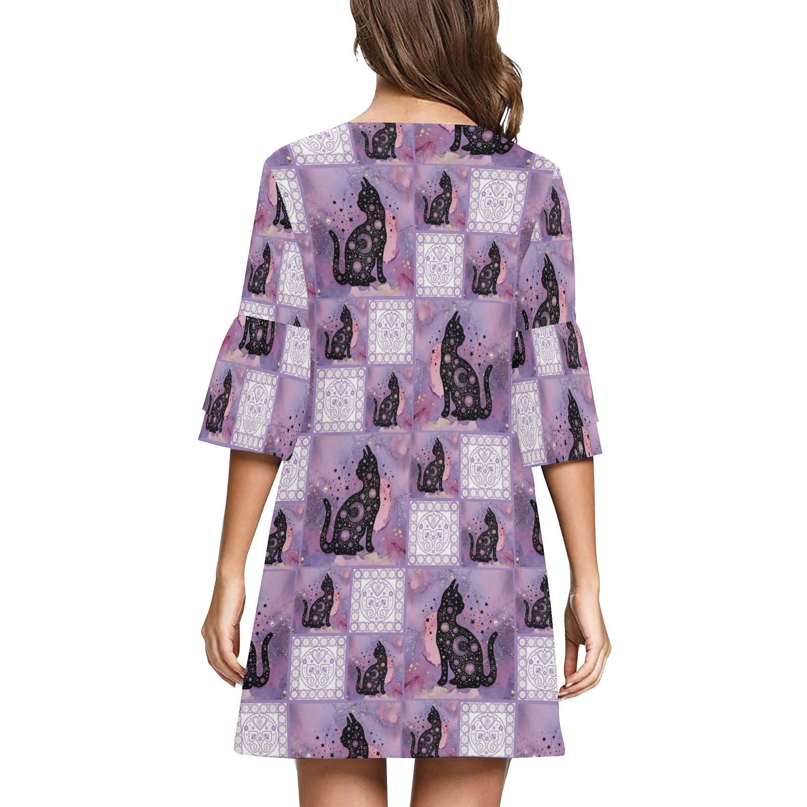 Purple Cosmic Cats Patchwork Pattern Half Sleeves V-Neck Mini Dress (Model D63)