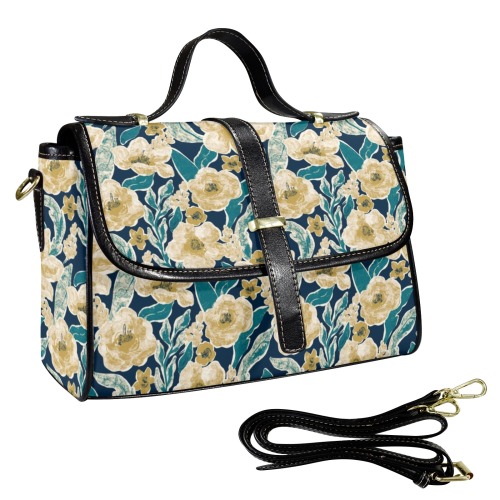 Painted Flowers Multi-Function Leather Satchel-Black (Model 1739)