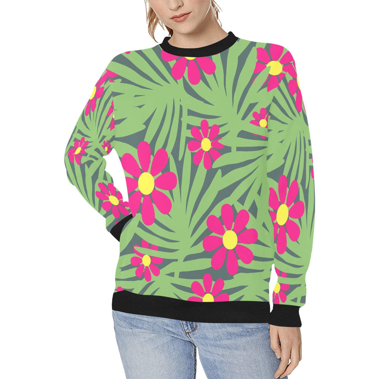 Pink Exotic Paradise Jungle Flowers and Leaves Women's Rib Cuff Crew Neck Sweatshirt (Model H34)