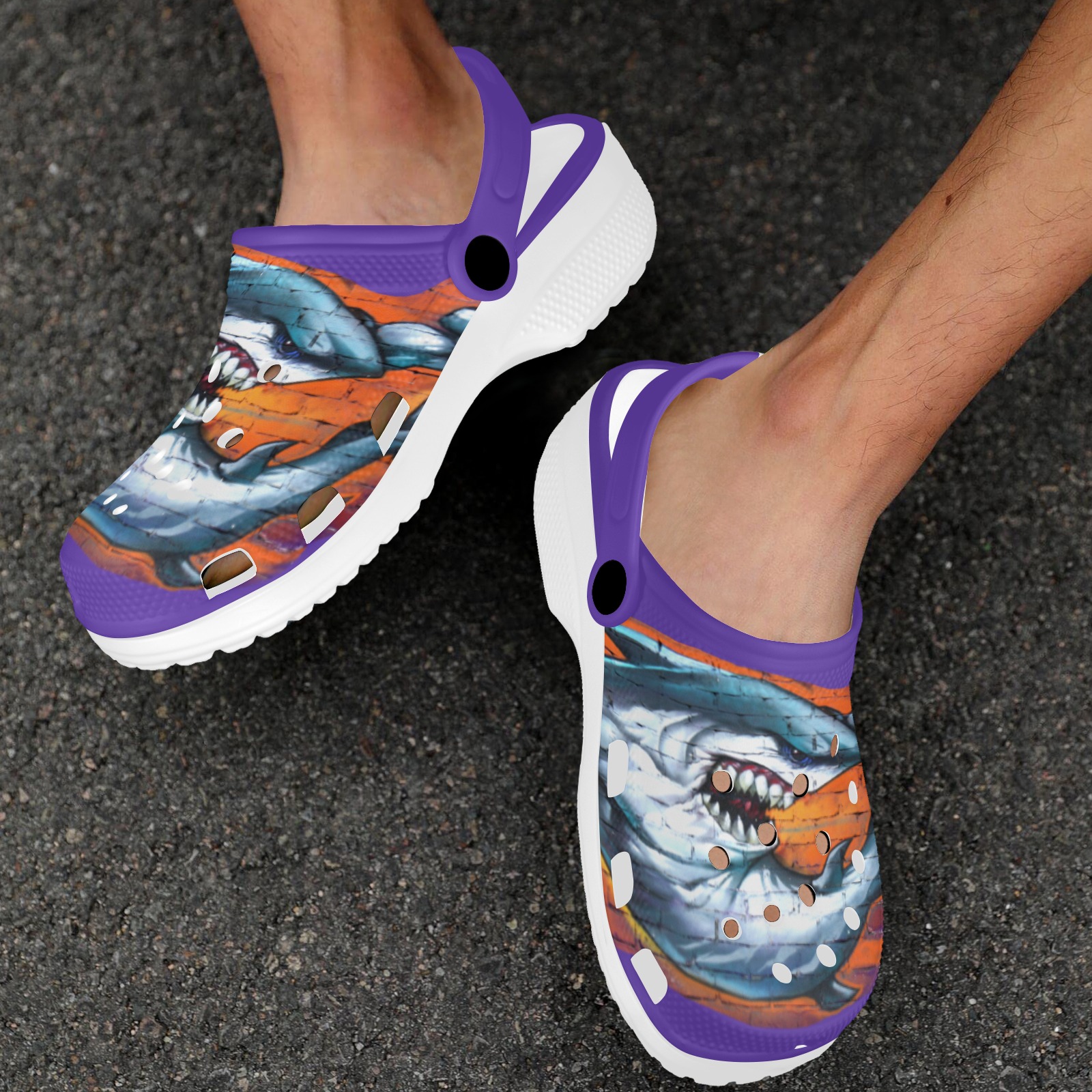 Graffiti Shark - Purple Custom Print Foam Clogs for Adults