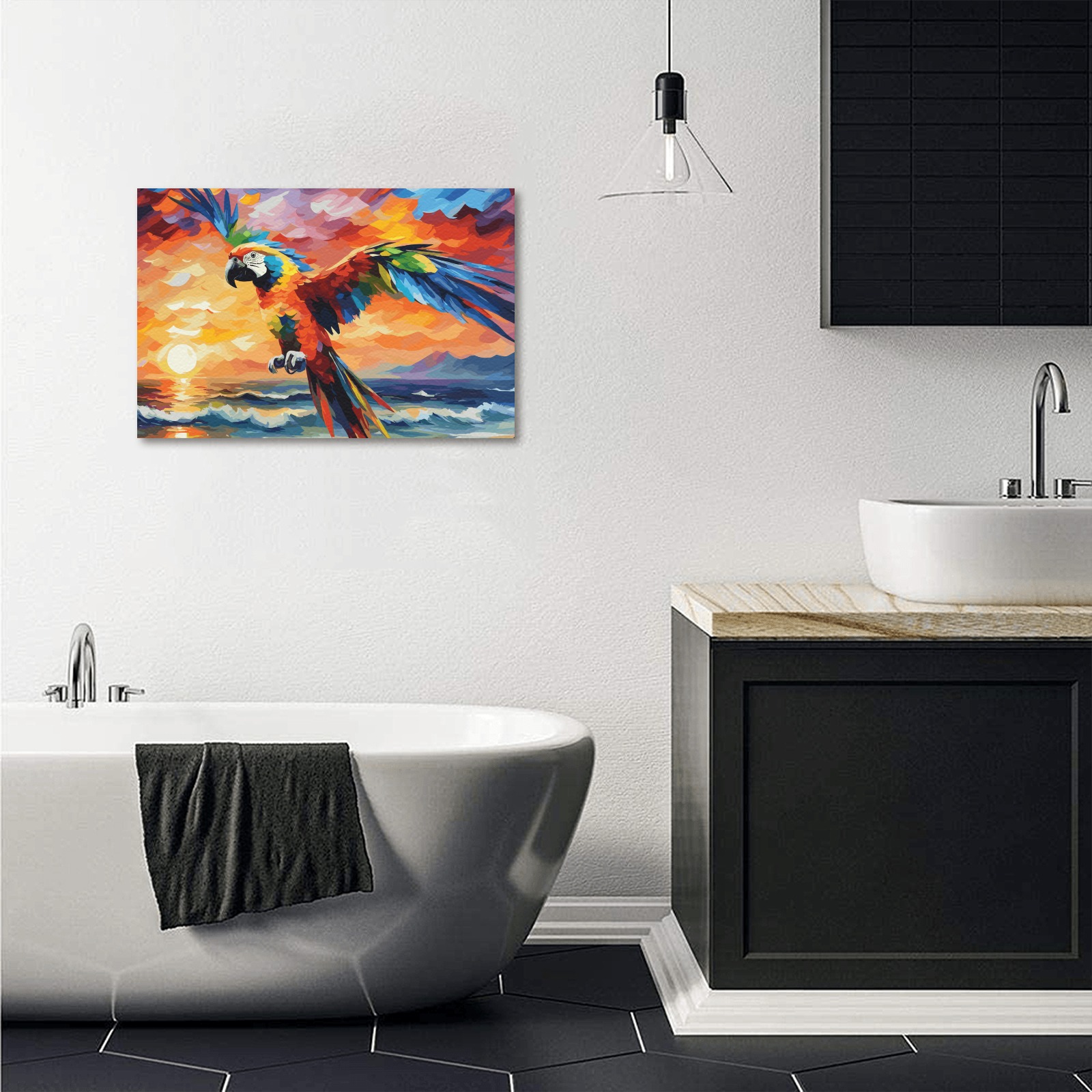 A colorful parrot by the sea at ocean sunset. Upgraded Canvas Print 18"x12"