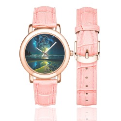 Moon with the capricorn Women's Rose Gold Leather Strap Watch(Model 201)