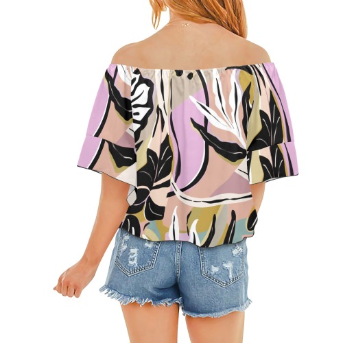 Tropical modern simple graphic Off Shoulder Knot Front Blouse (Model T71)