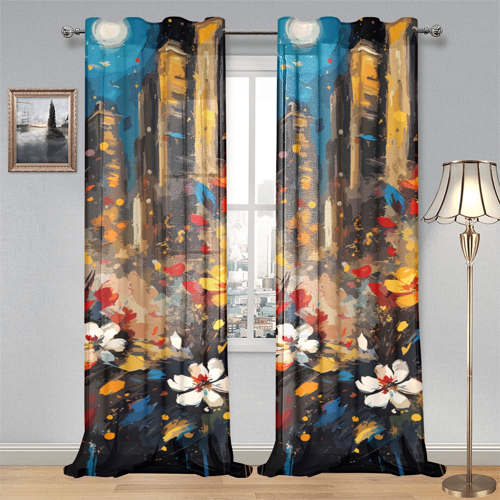Urban floral theme. Skyscrapers, flowers at night Gauze Curtain 28"x95" (Two-Piece)