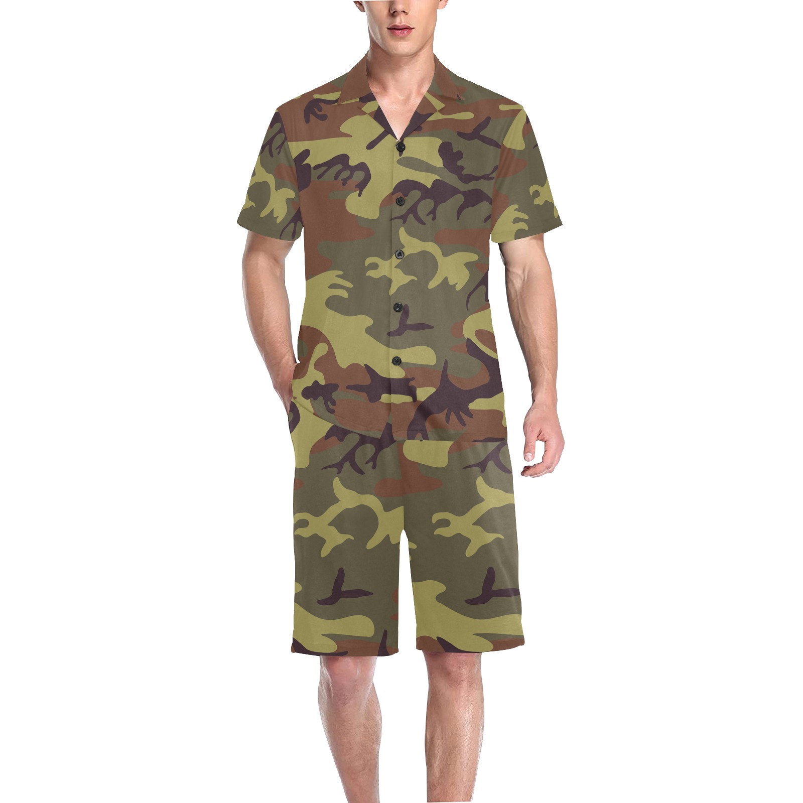 Camo Green Brown Men's V-Neck Short Pajama Set