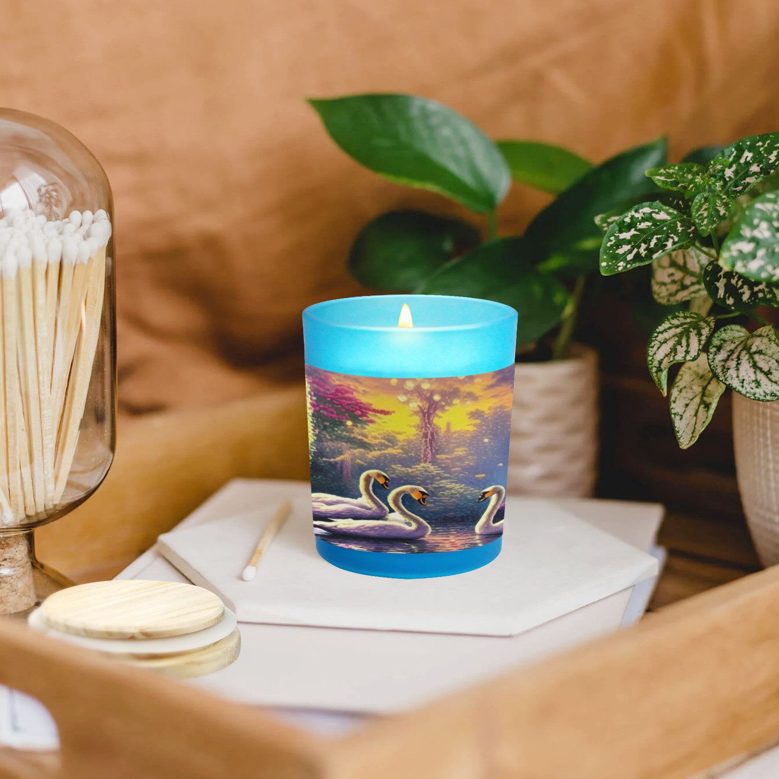 Dreamy Swans Blue Glass Candle Cup (Wood Sage & Sea Salt)