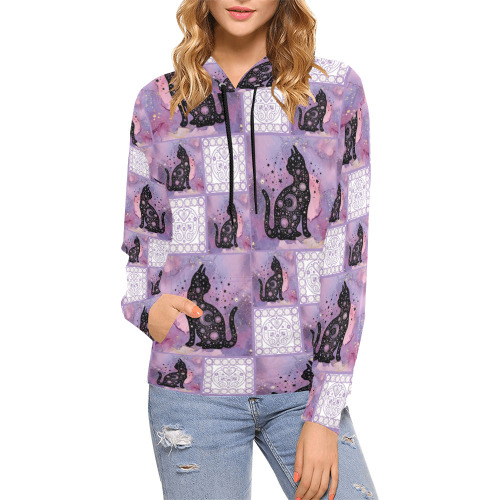 Purple Cosmic Cats Patchwork Pattern All Over Print Hoodie for Women (USA Size) (Model H13)