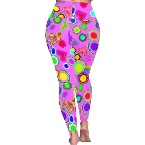 Groovy Hearts and Flowers Pink Women's Plus Size High Waist Leggings (Model L44)